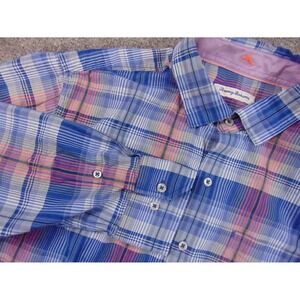 Tommy Bahama Shirt Mens Large Blue Pink Plaid Long Sleeve Button Up Cotton